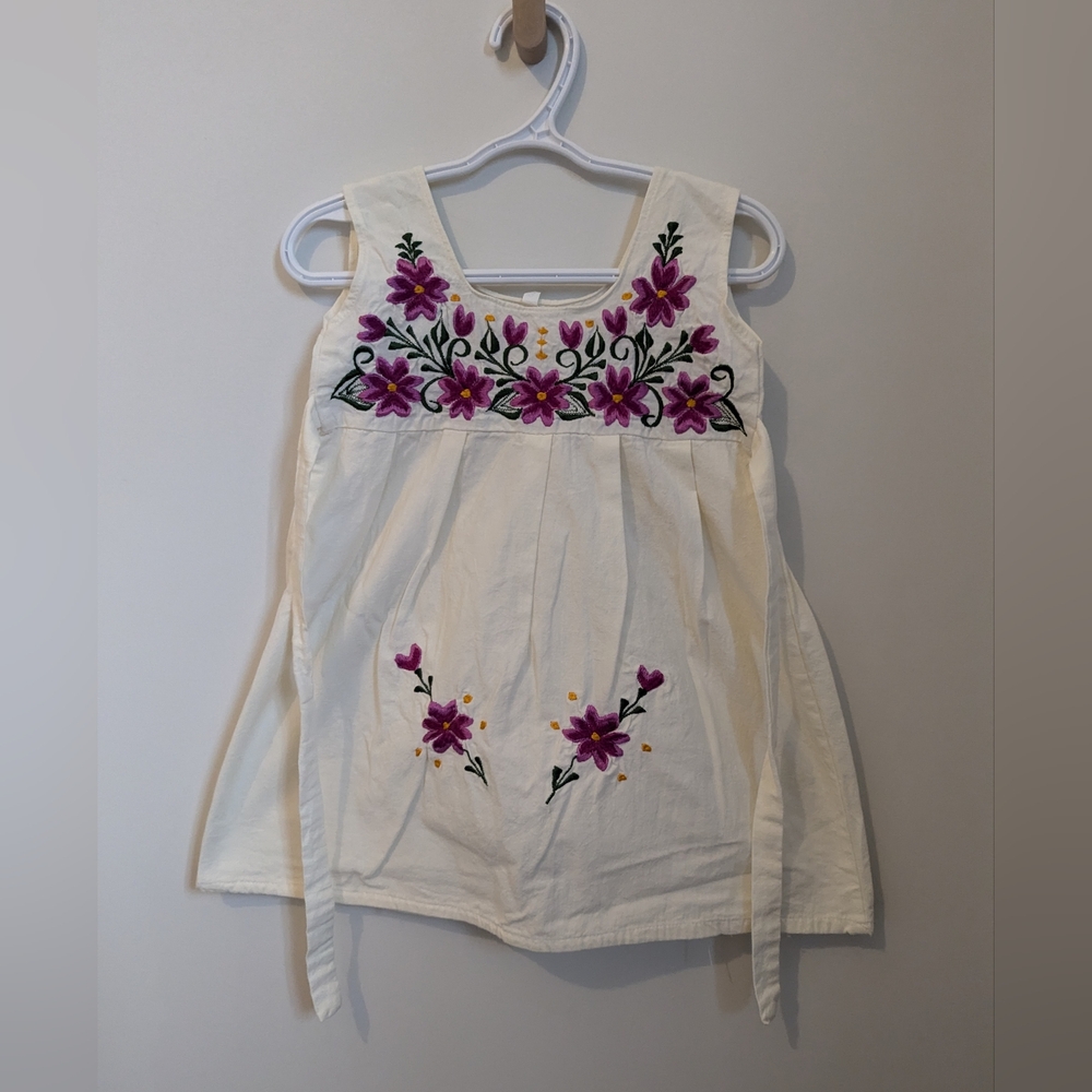 Embroidered flower dress cotton linen Mexico purple flowers tie waist 3T